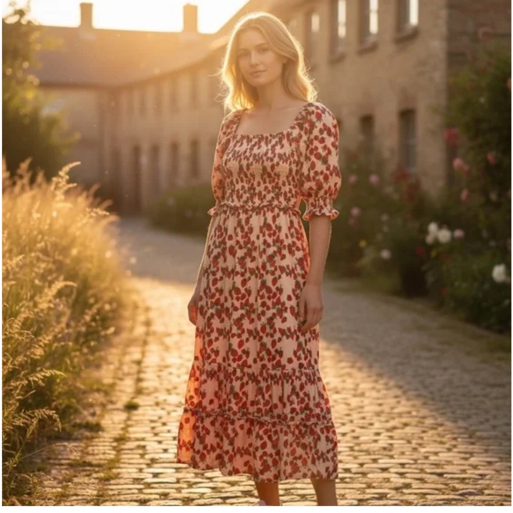 Betsey Johnson Strawberry Fields Smocked Midi Dress